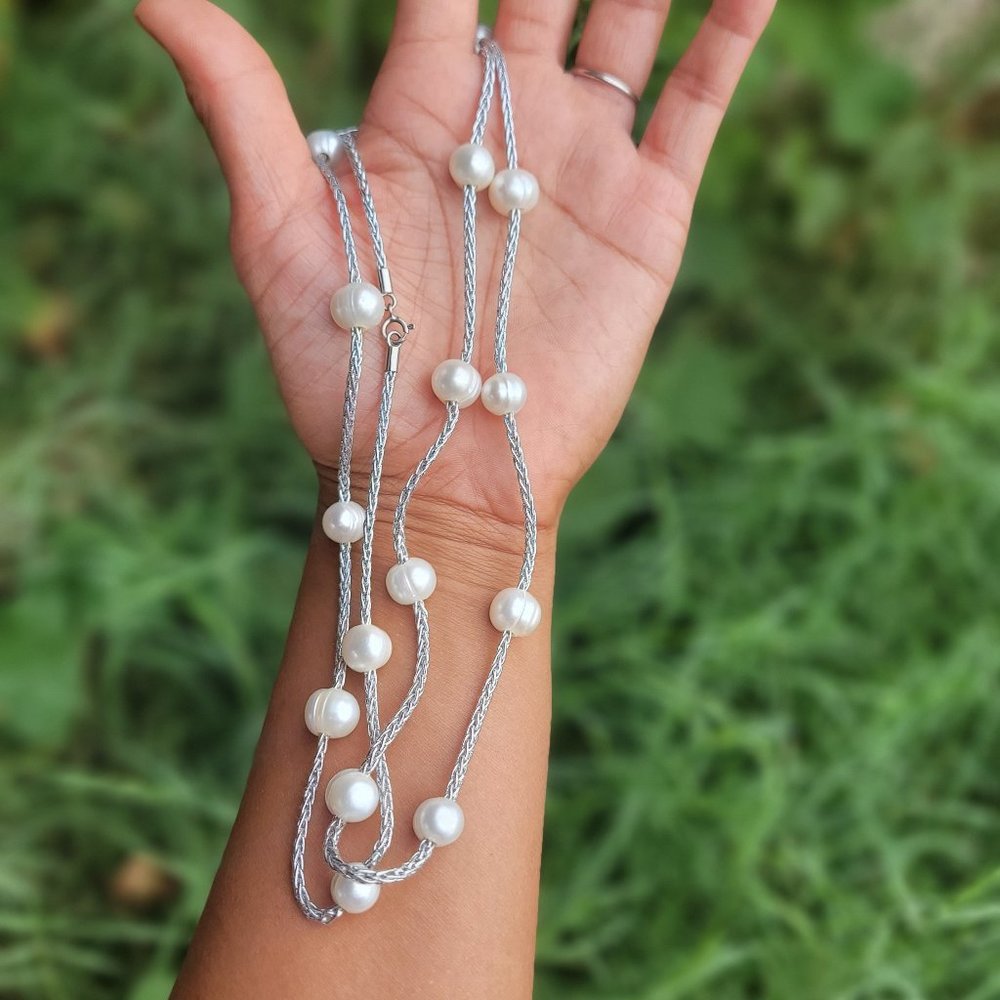 Gorgeous! 10mm natural baroque pearl silver thread 925 station necklace